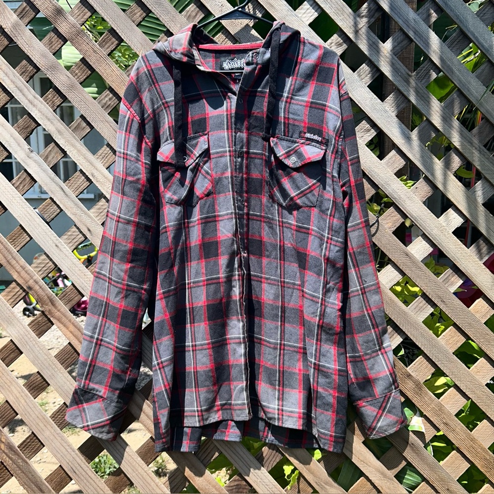 Y2K Sinister Brand Hooded Flannel Shirt With Snap Buttons Size XL